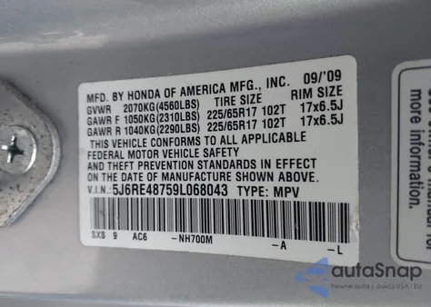 2009 Honda Cr-V Ex-L from USA, damaged, VIN 5J6RE48759L068043